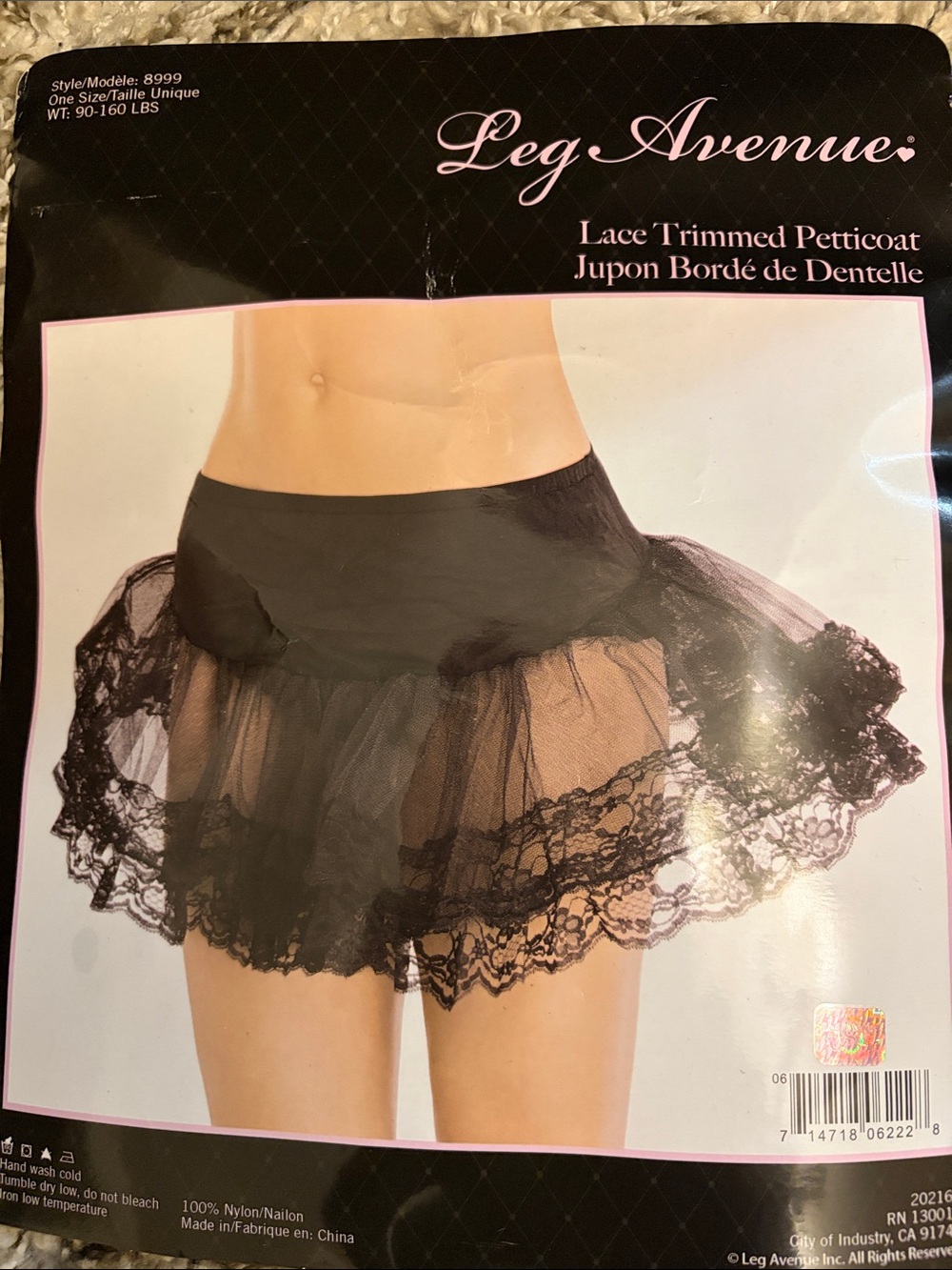 Leg Avenue Black Lace Trimmed Petticoat Slip size OS 90-160 lbs